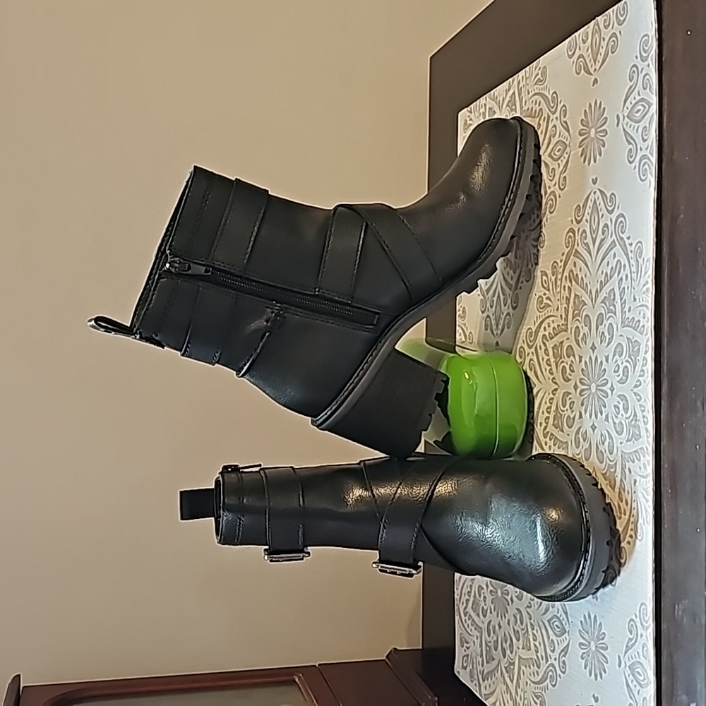 Style & Co Black Leather Lug Heel Boots w/ Buckles